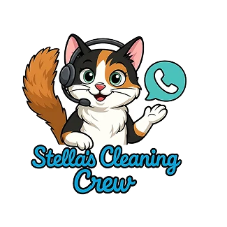 Stella the calico cat mascot wearing a headset, waving beside a phone icon