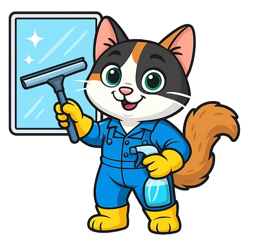 Stella the calico cat mascot holding a squeegee beside a sparkling window