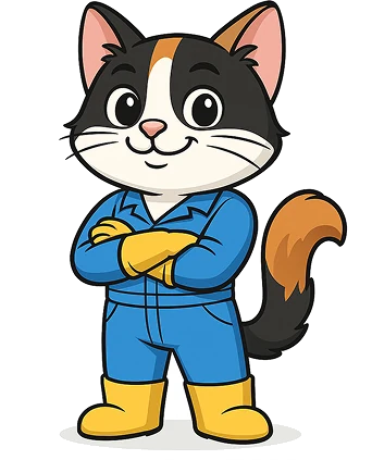 Stella the calico cat mascot in blue overalls and yellow boots, arms crossed and ready to work