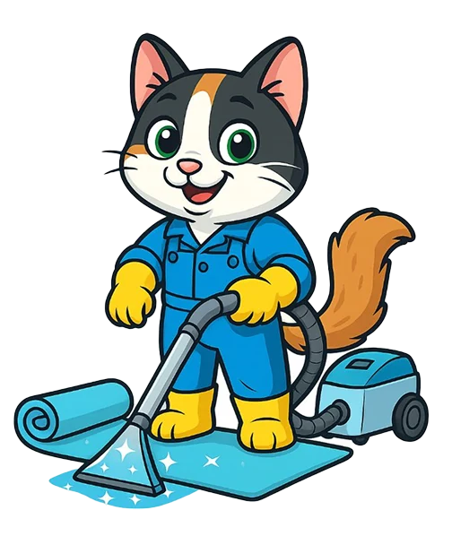 Stella the calico cat mascot in blue overalls, vacuuming a rug
